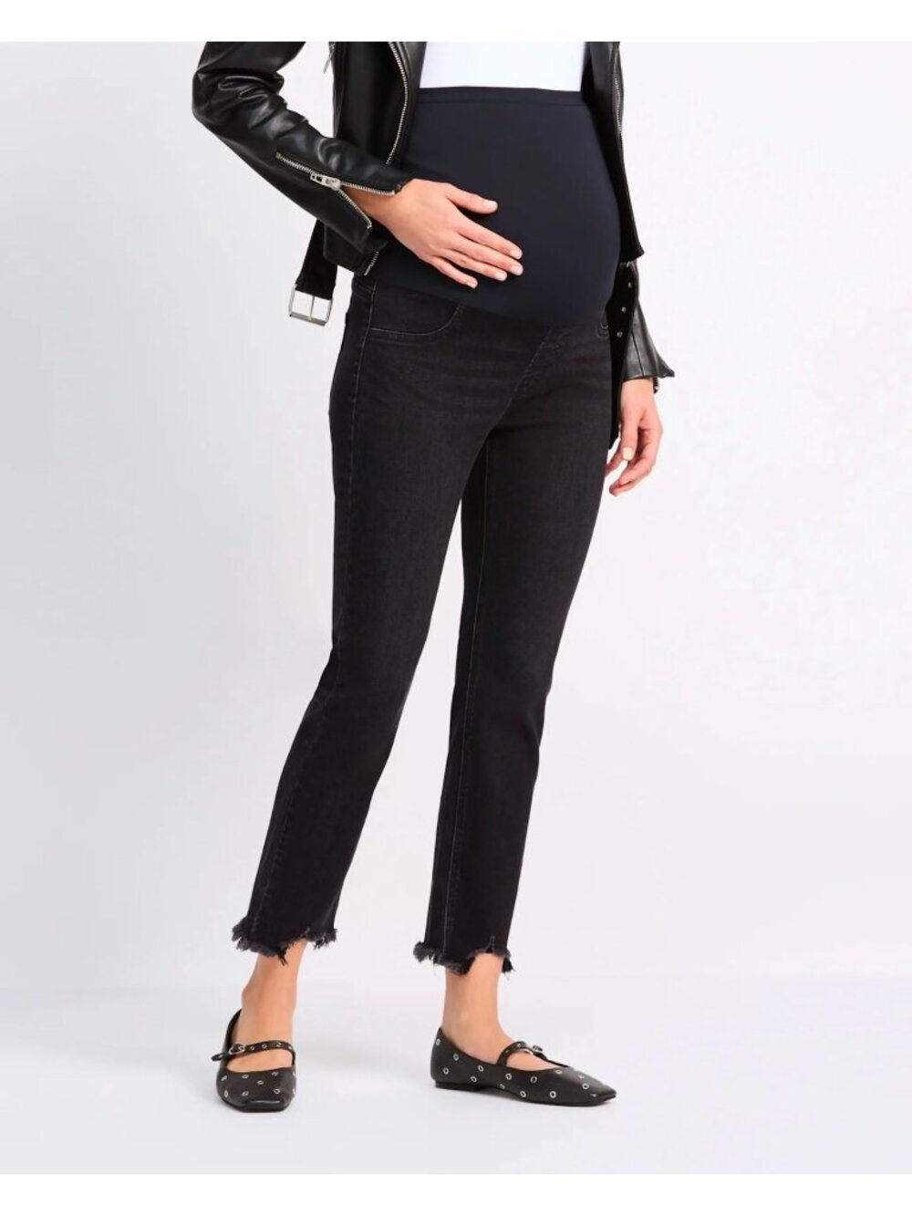 Just USA Pima Slim Straight Maternity Jeans 27 / 4 Frayed Hem Black Denim
